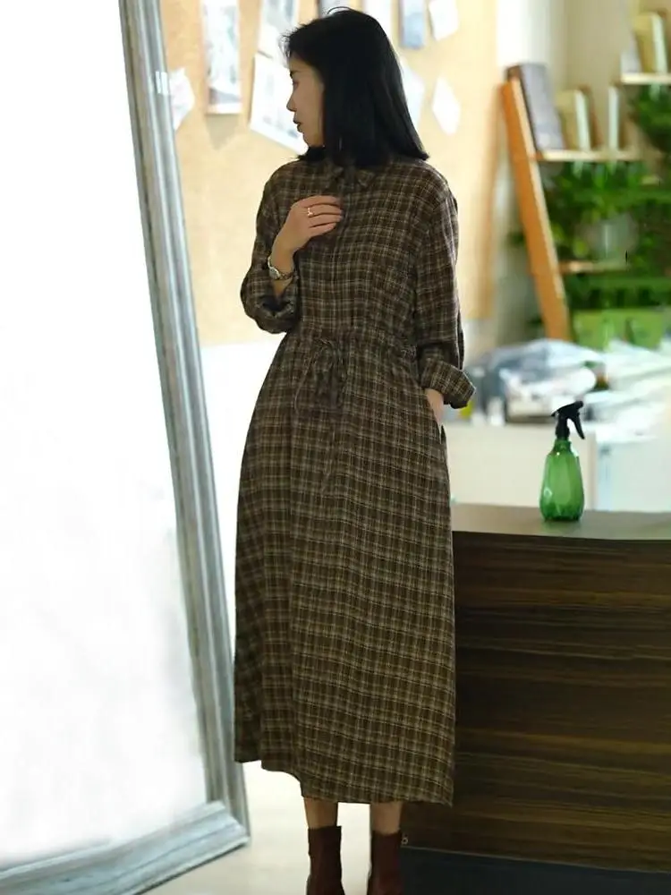 Рубашки Юбки Атмосфера Ретро Клетчатое платье с длинными рукавами
