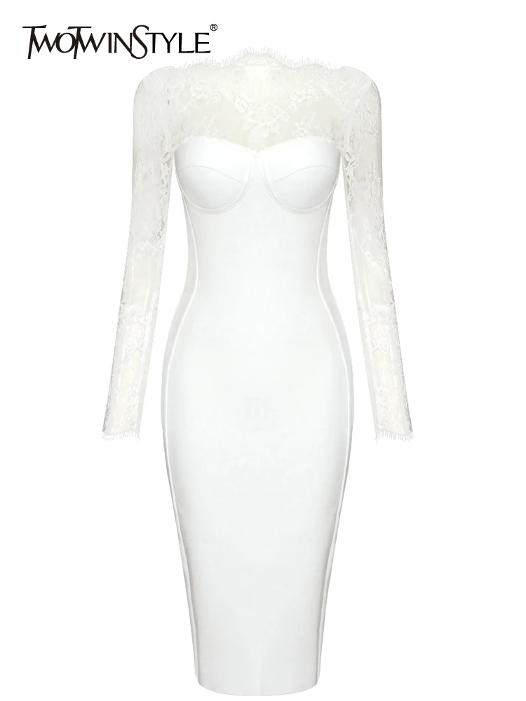 

TWOTWINSTYLE Solid Slimming Patchwork Lace Sexy Dresses For Women Slash Neck Long Sleeve Backless High Waist Dress Female 2023