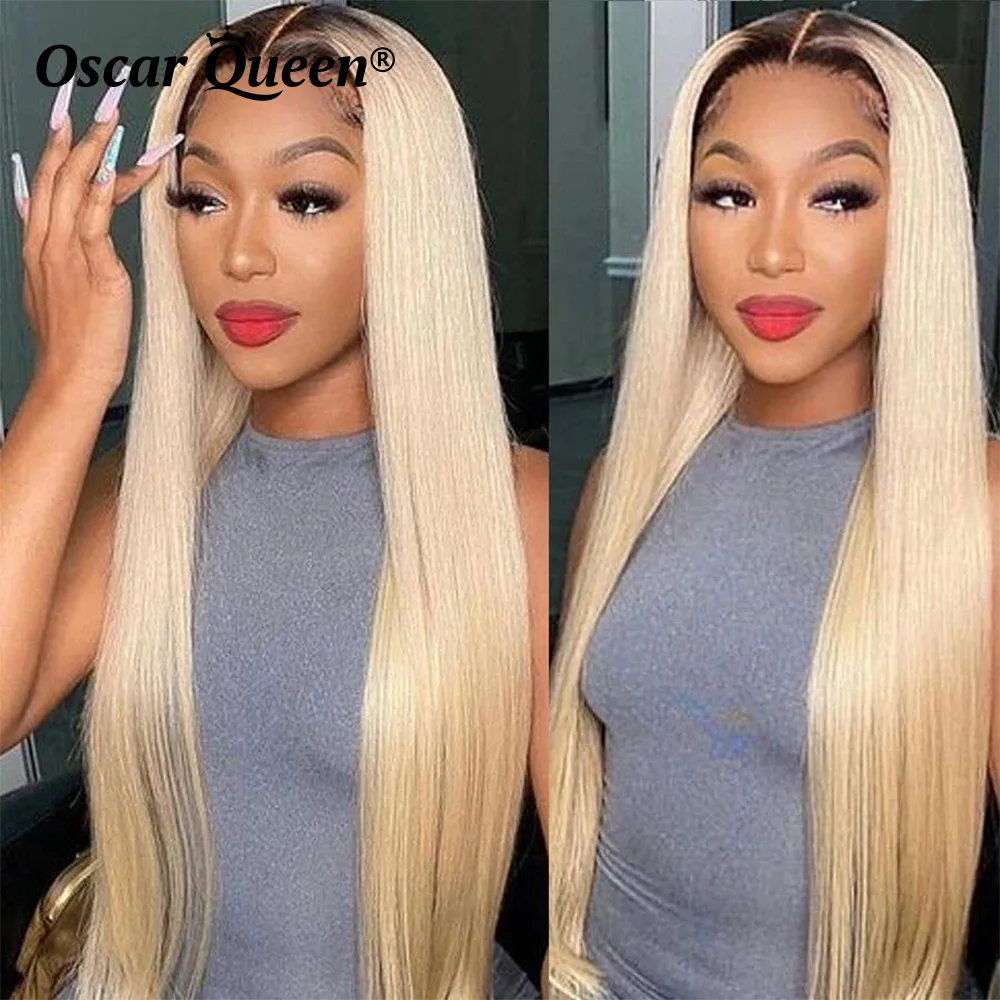 Platinum Blonde Human Hair Wigs Straight 4T613 Brazilian Hair 13x4 Lace Frontal Wigs Transparent Lace Wigs With Dark Brown Roots