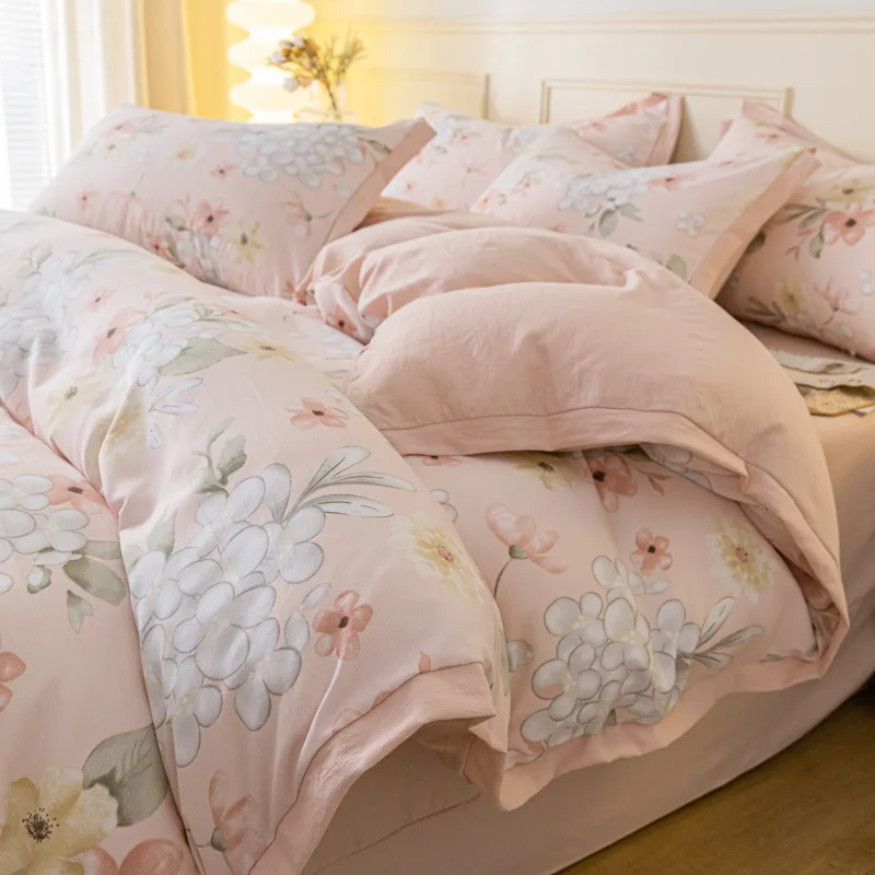 

2023 New Water Wash Cotton Craft Linen Double Layer Yarn Four Piece Set Printed Wide Edge Quilt Cover Spring/Summer Bedding Home