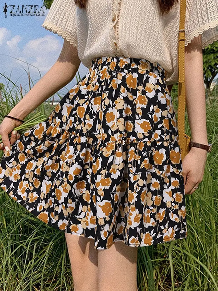 

ZANZEA Floral Print Pleated Tiered Faldas Sweety Elegant Jupes Fashion High Waist Mini Skirt Loose Casual Women Short Skirts