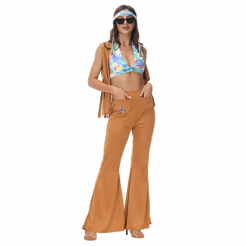

Halloween New Retro Disco Jazz Dance Outfit Brown Bell-bottom Bar DJ Show Costume