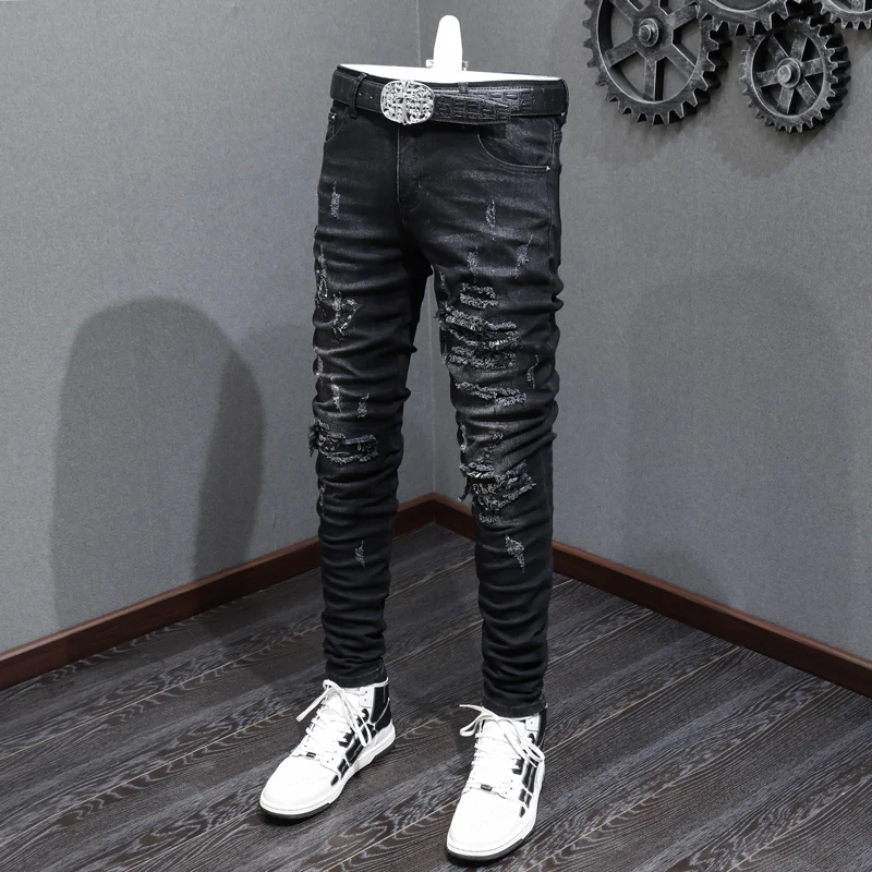 High Street Fashion Men Jeans Retro Black Gray Stretch Skinny Ripped Jeans Men Brand Patches Designer Hip Hop Denim Pants Hombre