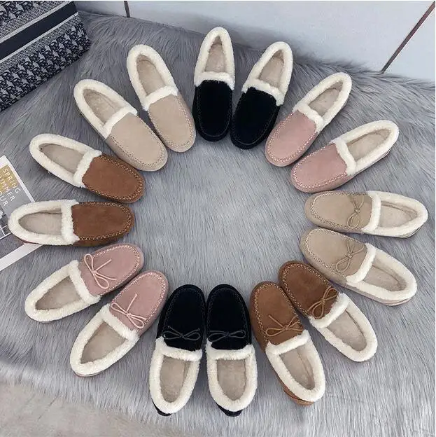 Winter Women's Cotton Shoes Warm Flat Shoes Casual Loafers Slip on Indoor Bow Plush Shoes Women Comfort Furry Shoes