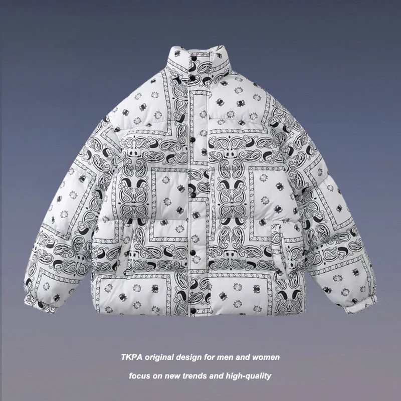 

Retro Parkas Men Streetwear Retro Splicing Cashew Flowers Print Oversized Warm Outwear Mens Harajuku Hip Hop Thicken Coat Couple