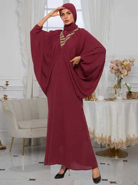 

Abayas For Women Dubai 2022 Batwing Sleeve Diamonds V-Neck Muslim Kimono Casual Loose Moroccan Kaftan Islamic Long Dress