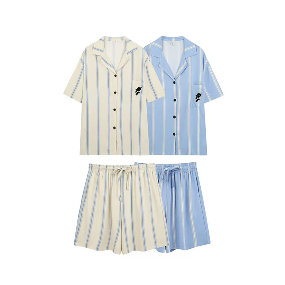 

Women 2023 New Fashion Summer Water-printed two-color striped V-neck shirt-style pajamas shorts retro casual chic female suits