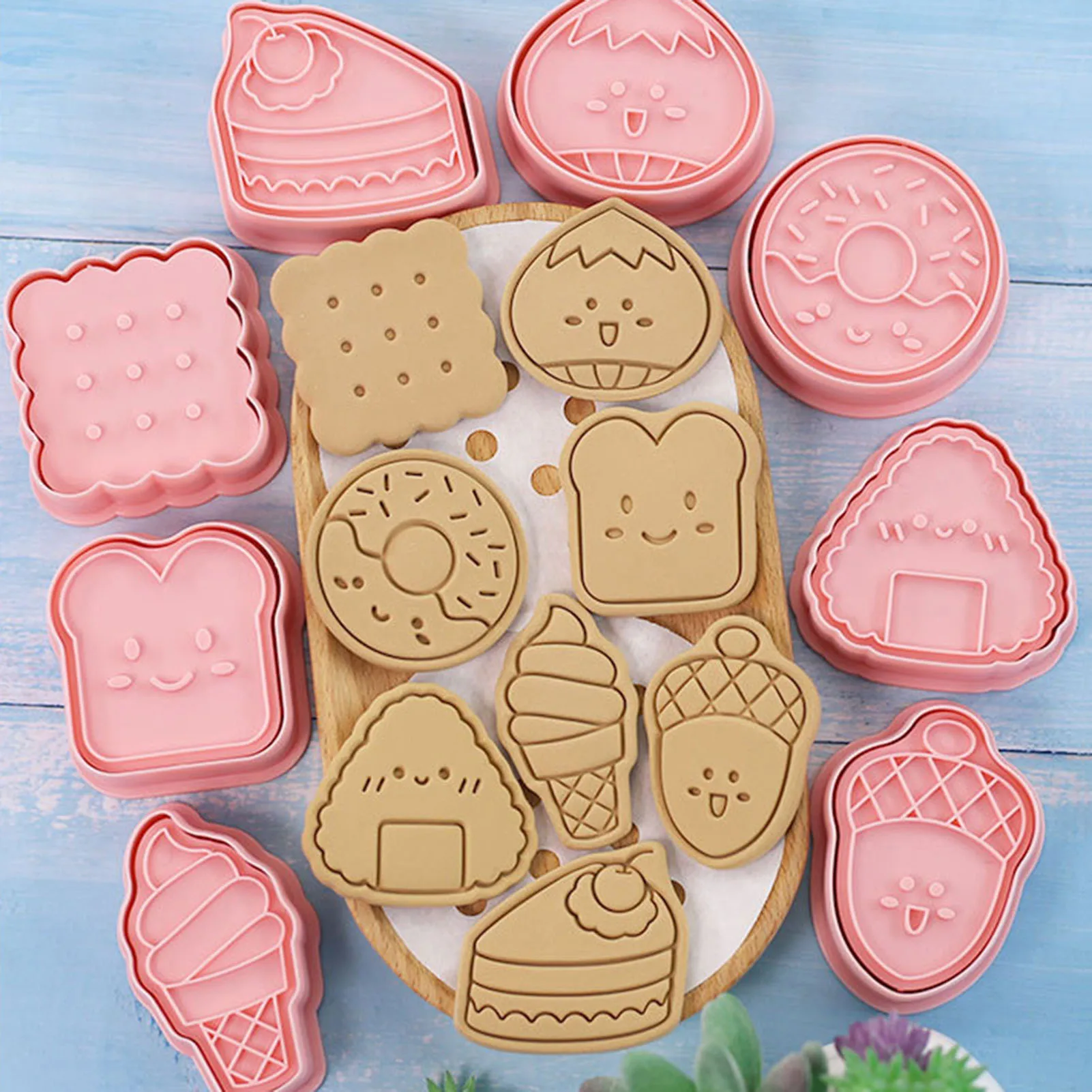 

8Pcs Snack Style Cookie Cutters Set Biscuit Press Cutter Cookie Stamp Mold Cartoon Ice Cream Onigiri Toast Shape Fondant Stencil