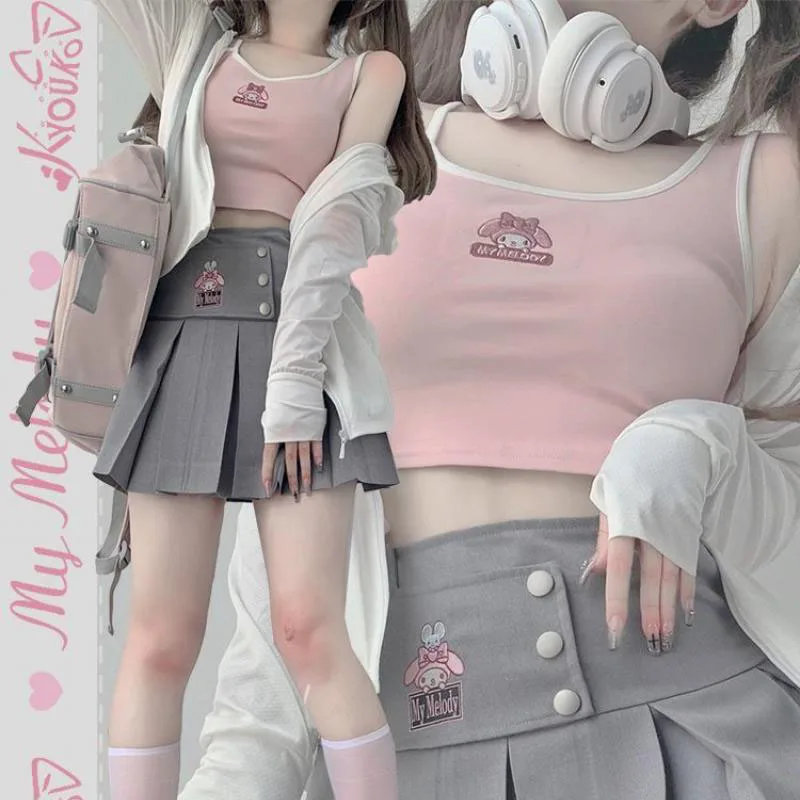 

Sanrio Camisole Jk Uniform Cinnamoroll Kuromi MyMelody Kawaii Summer Thin Short Fit Bottom Vest Comfortable and Fashionable