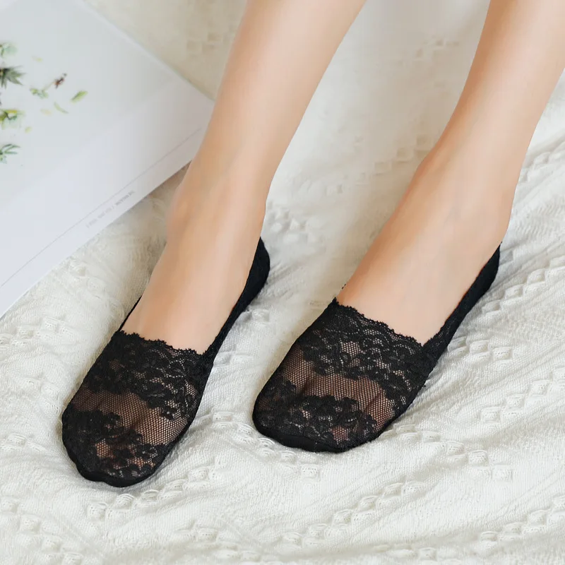 5Pairs Lace Flower Short Socks Women Cotton Hollow Boat Socks Summer Silicone Non-slip Ankle Socks Invisible No Show Short Socks