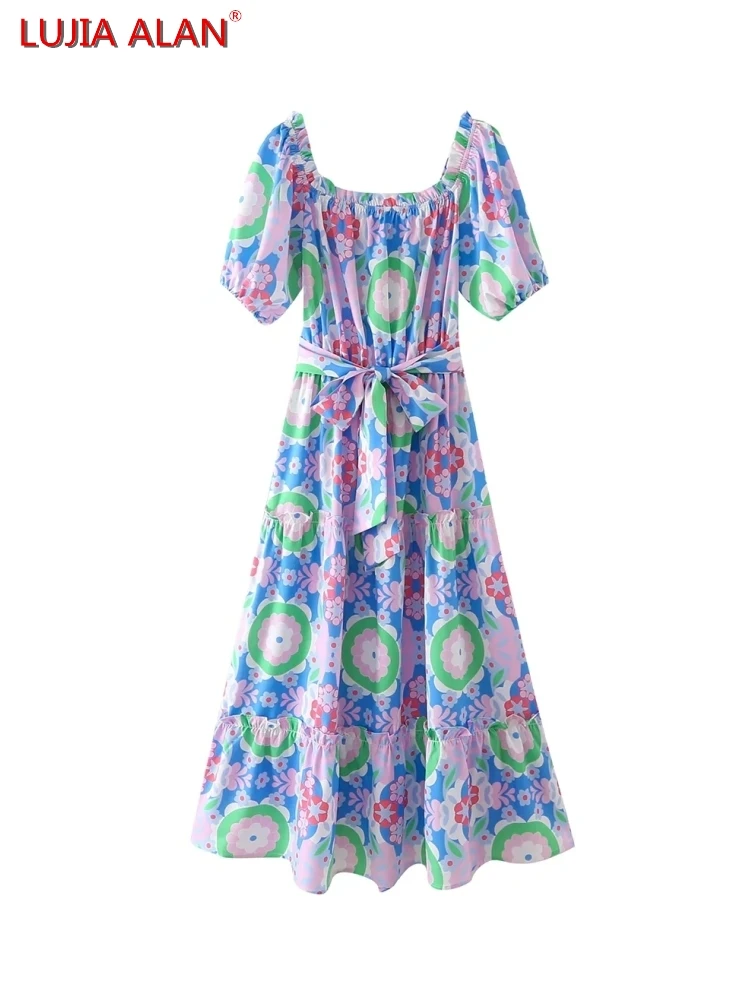 

Women Flower Printing Slash Neck Sashes Tiered Ruffle Dress Summer Female Lantern Sleeve Midi Vestidos LUJIA ALAN D9812