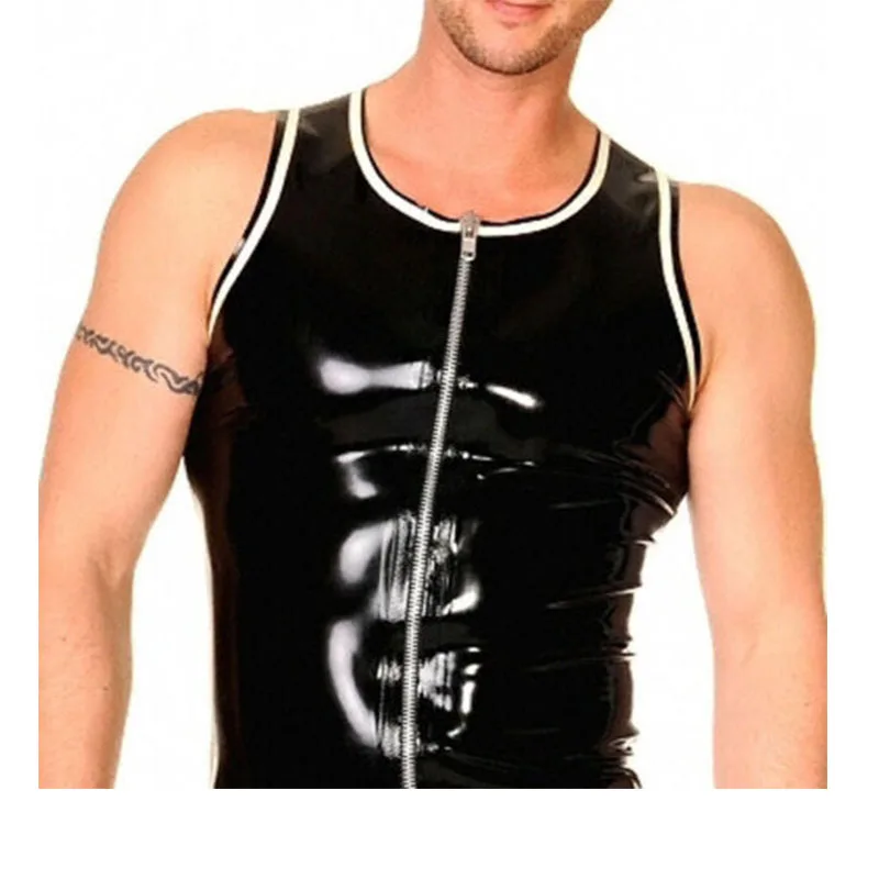 

Latex T-shirts Sleeveless Men's Tops Front Zipper Cool Trims Sexy Customize .4mm