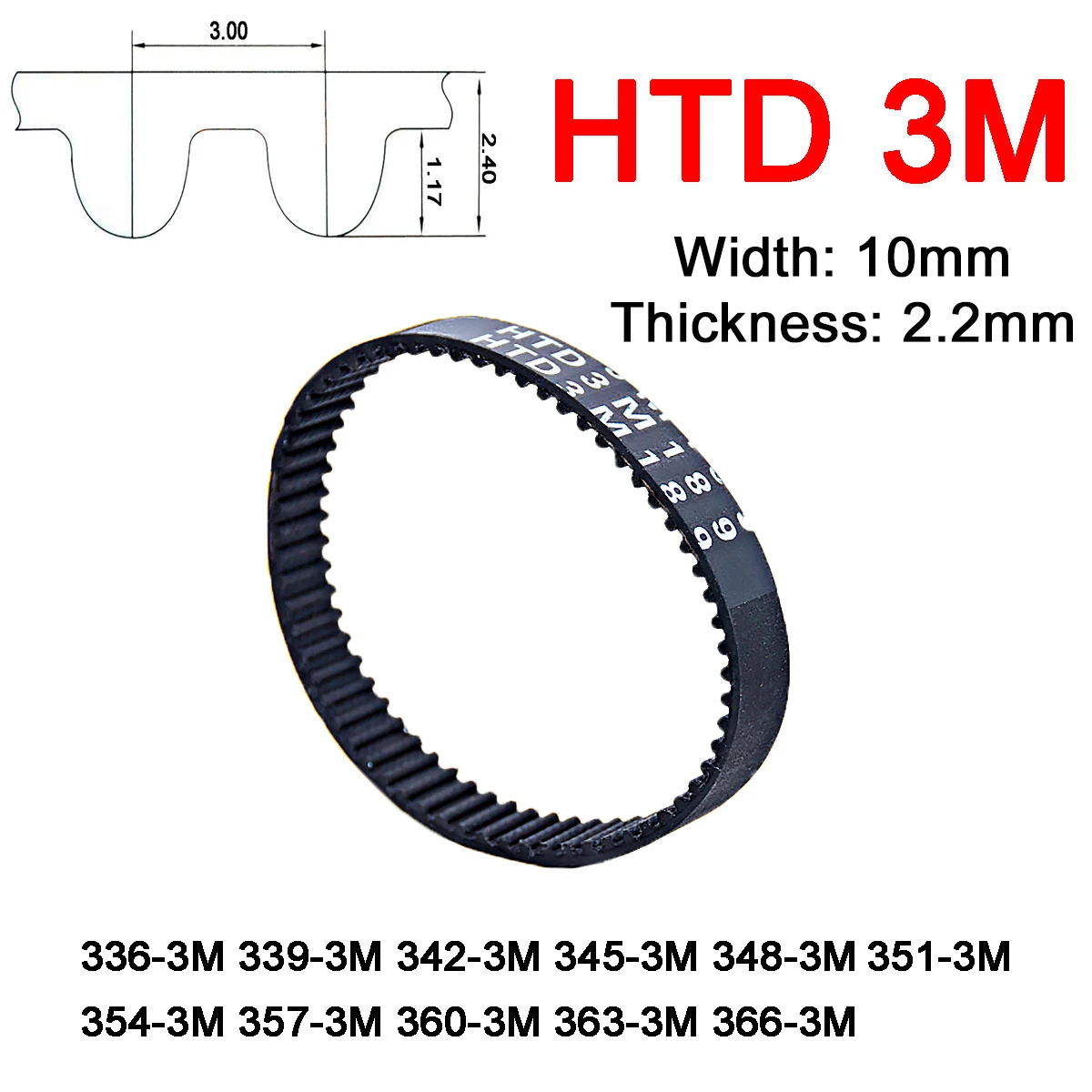 

1Pc Width 10mm 3M Rubber Arc Tooth Timing Belt Pitch Length 336 339 342 345 348 351 354 357 360 363 366mm Synchronous Belt