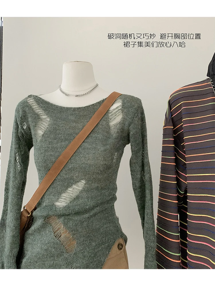 Женский серый пуловер с длинным рукавом вязаный свитер в стиле Харадзюку