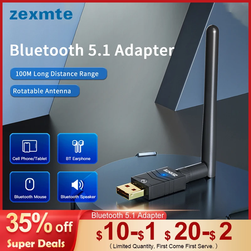 Zexmte USB Bluetooth 5.1 Adapter for PC Speaker Mouse Music Audio Receiver Transmitter Bluetooth Adapter +EDR Rotatable Antenna