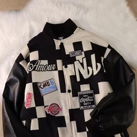 vintage jacket american patch embroidered checkerboard baseball jacket 2022 street all match baseball uniform couple loose top