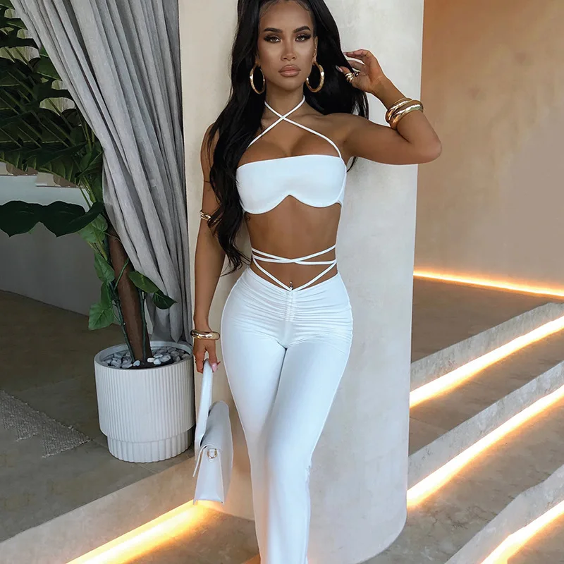 

Sexy Streetwear Sporty Tracksuit Outfit2021 Summer Women 2 Pieces Halter Crop Top Lace Up Ruched Pants Set Bodycon