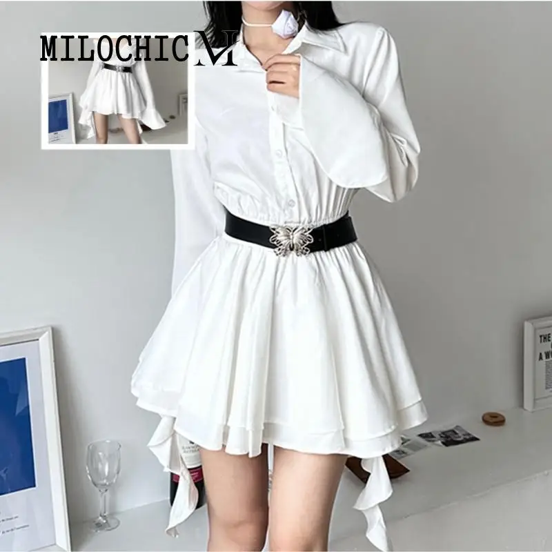 

Women Flare Sleeve Dress Slim Fit French Tiered Short Dress with Belt Trendy Solid Color Chic Aesthetic Dress