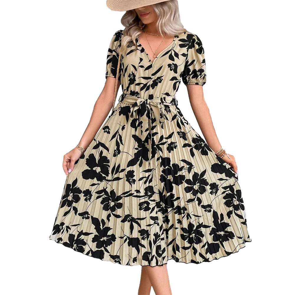 

Women V-neck Pleated Midi Dress Summer Elegant Large Hem Bandage A-line Dress