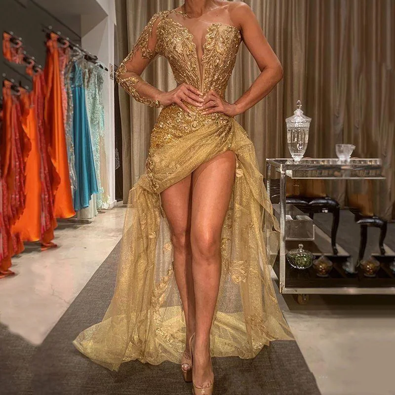 

Women Sparkly Gold Prom Gown Appliques Robe De Soiree One Shoulder Applique Evening Party Dresses Arabic Formal Dresses