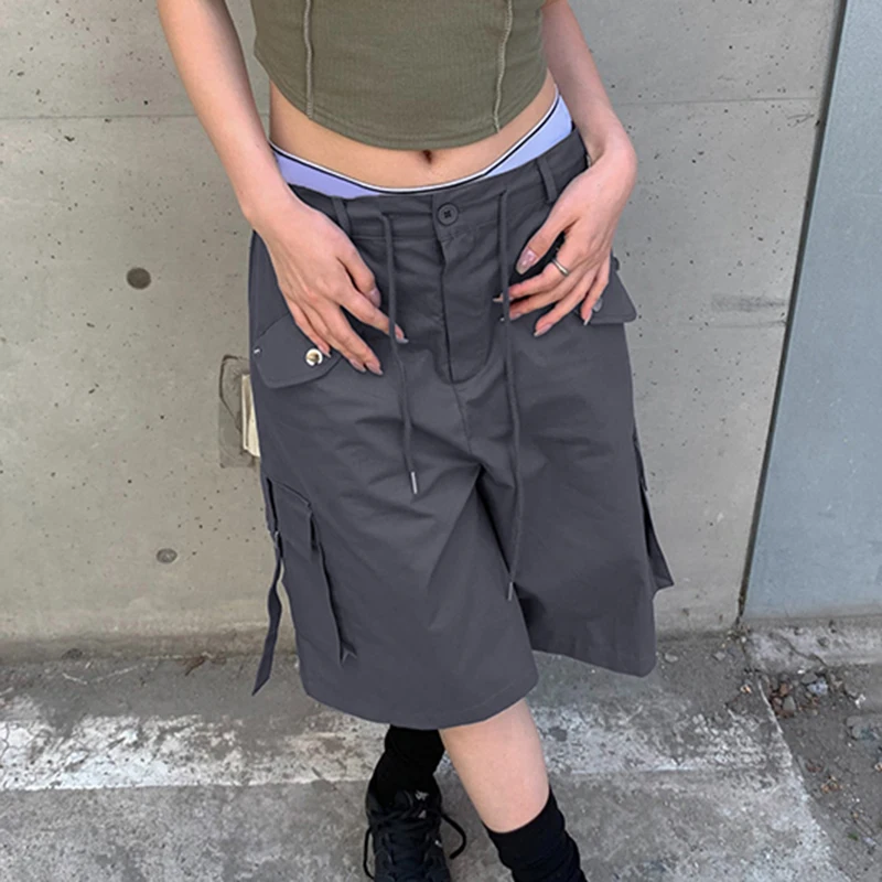 Darlingaga Streetwear Drawstring Solid Low Waist Cargo Shorts Women Pockets Harajuku Gorpcore Short Pants Capris Outfits Korean