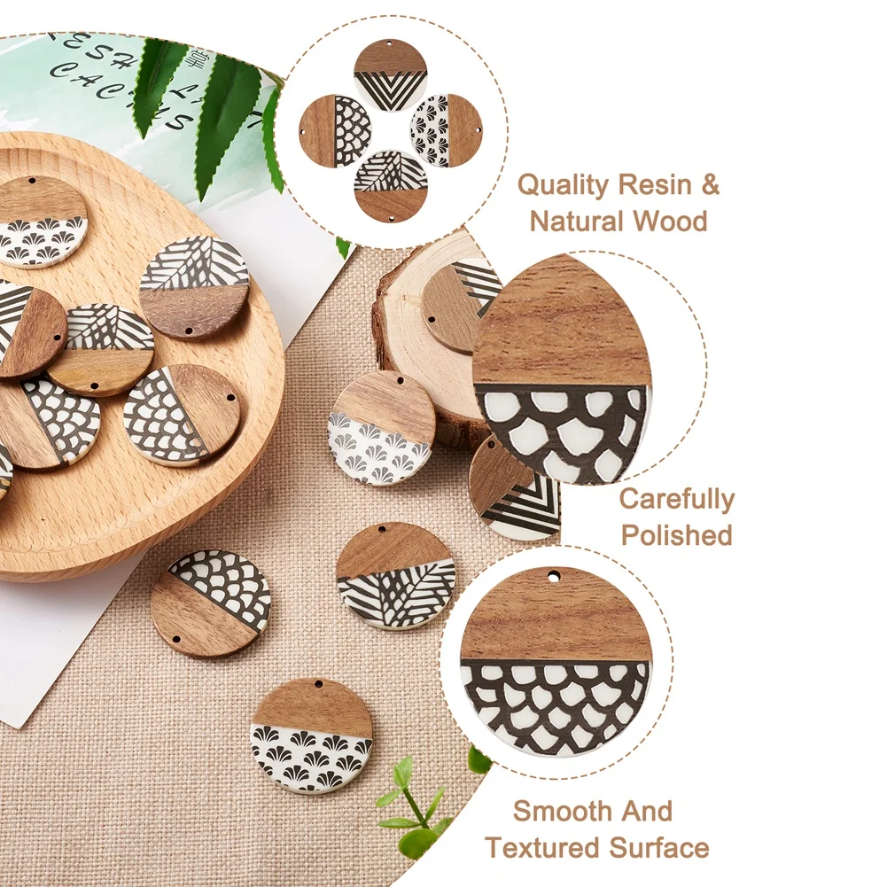 Pandahall 16Pcs Mixed Color Flat Round Resin Walnut Wood Pendants Charms For Necklace Bracelet Earring Jewelry Making Gift