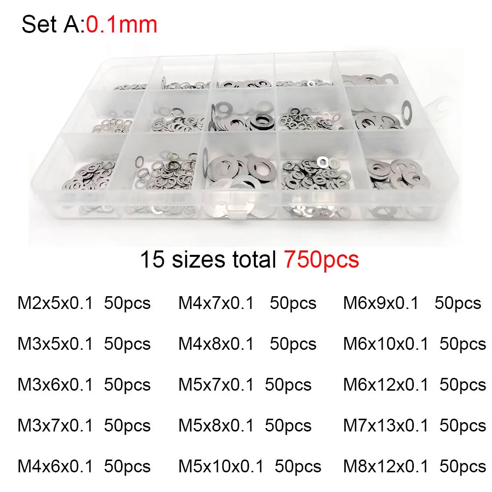 500/1200Pcs M2 M3 M4 M5 M6 M7 M8 DIN988 304 Stainless Steel Ultra Thin Flat Washer Adjusting Shim Gasket Assortment Kit Set Box - купить по