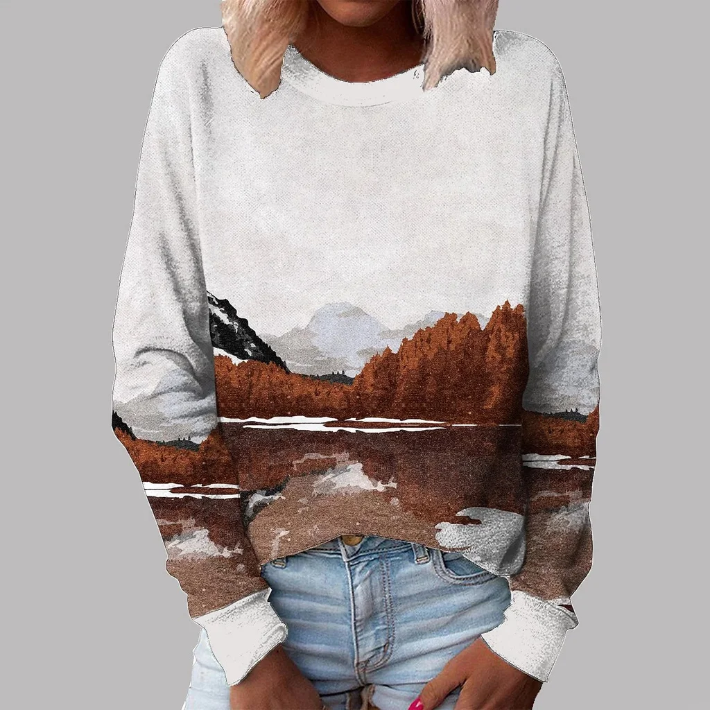 

2022 [New In] Women Casual T Shirt 3D Print Landscape O-Neck Street Casual Oversized Tops Plus Size