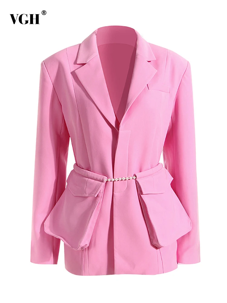 

Женский Повседневный блейзер с жемчугом VGH, однотонный блейзер с отложным воротником и длинными рукавами, приталенный с карманами, Модный женский пиджак в стиле пэчворк