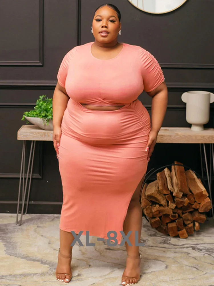 Plus Size Women Clothing Summer Outfit O-neck Top Two Piece Dress Set Ladies Sexy Slit Skirt Set Wholesale Bu 3xl 4xl 5xl 6xl