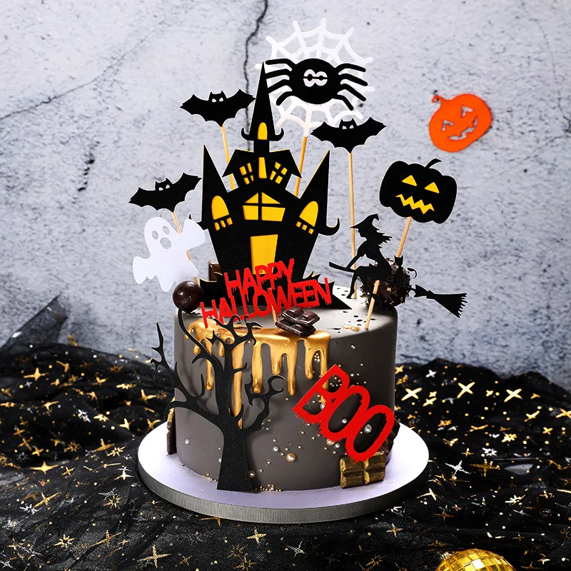 

Halloween Black Castle Bat Cake Decoration Ghost Festival Spider Pumpkin Witch Cake Topper Kids Happy Halloween Party Supplies