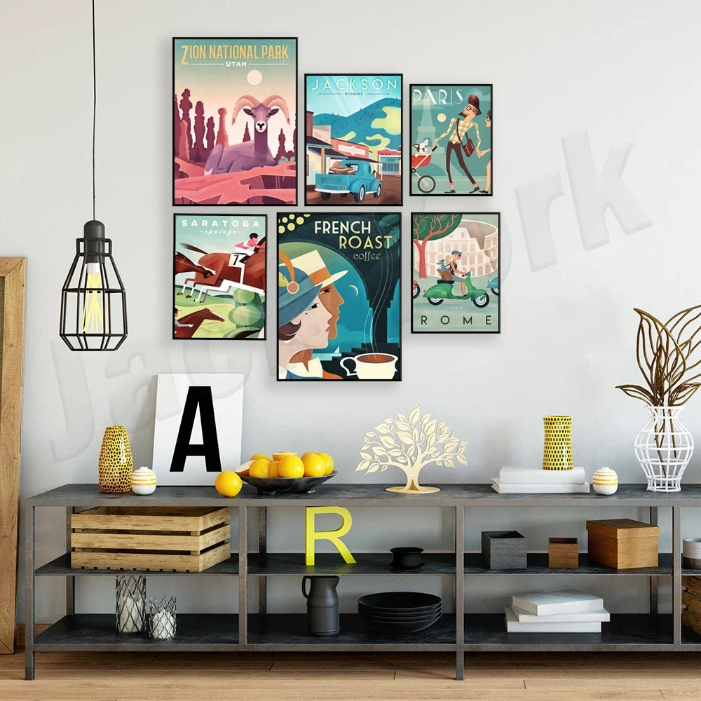 Wyoming Zion Badlands National Park bison Paris Rhode Island Saratoga France Rome camping coffee vintage travel poster