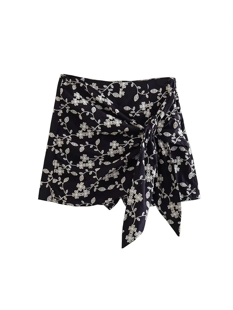 TRAF Women Fashion Front Knotted Embroidery Shorts Skirts Vintage High Waist Side Zipper Female Skort Mujer New Casual Clothes
