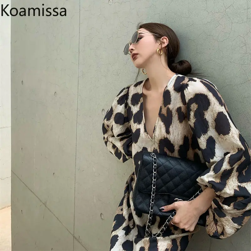 Koamissa Leopard Women Fashion Maxi Dress Long Sleeves V Neck Sexy Straight Dresses Female Chic Korean Vestidos 2022 Spring