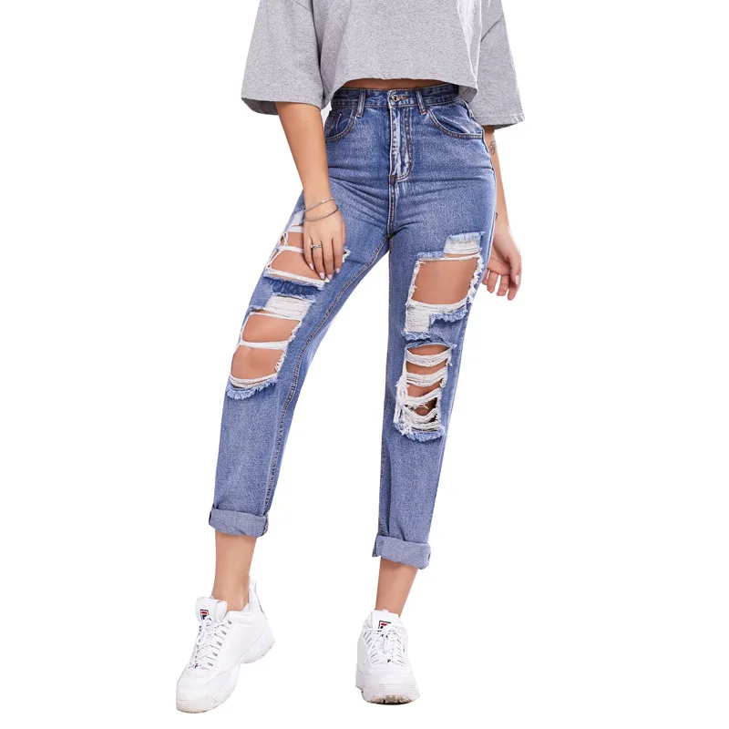 

Ripped Hole Hollow Out Jeans For Women 2022 Fashion Streetwear Bottoms Vintage Blue Color Pencil Pants High Waist For Lady Girls