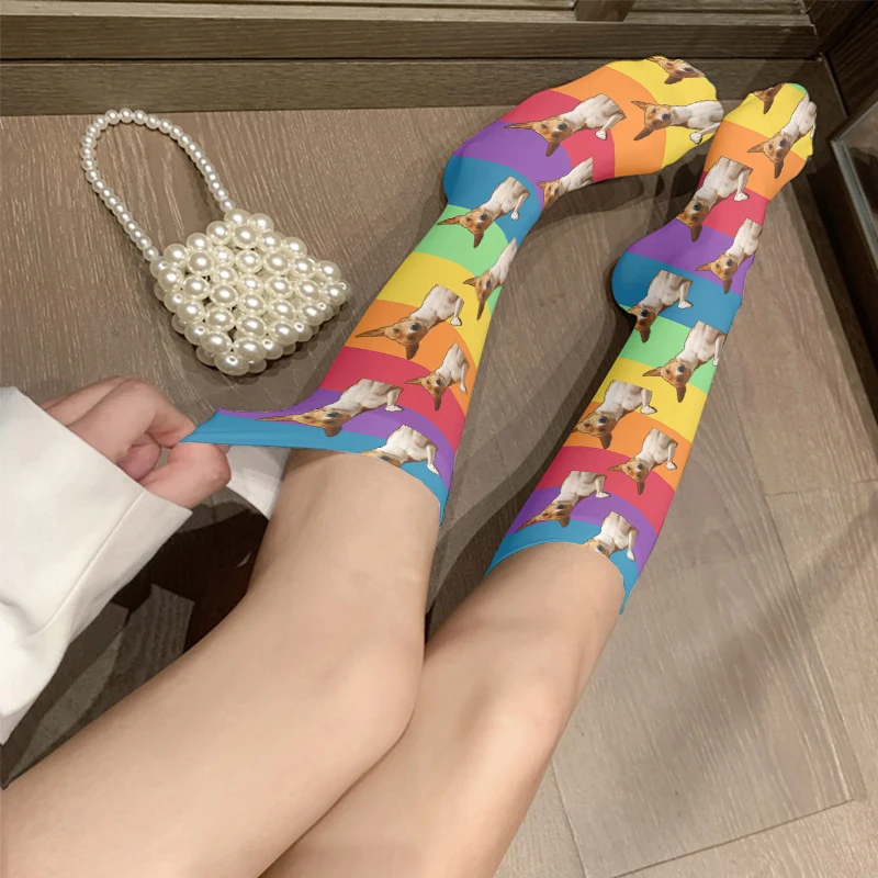 Pink Gradient Rainbow Over-The-Knee Stockings DIY Face Personalized Custom Calf Socks Harajuku Fashion Sexy Women Stockings