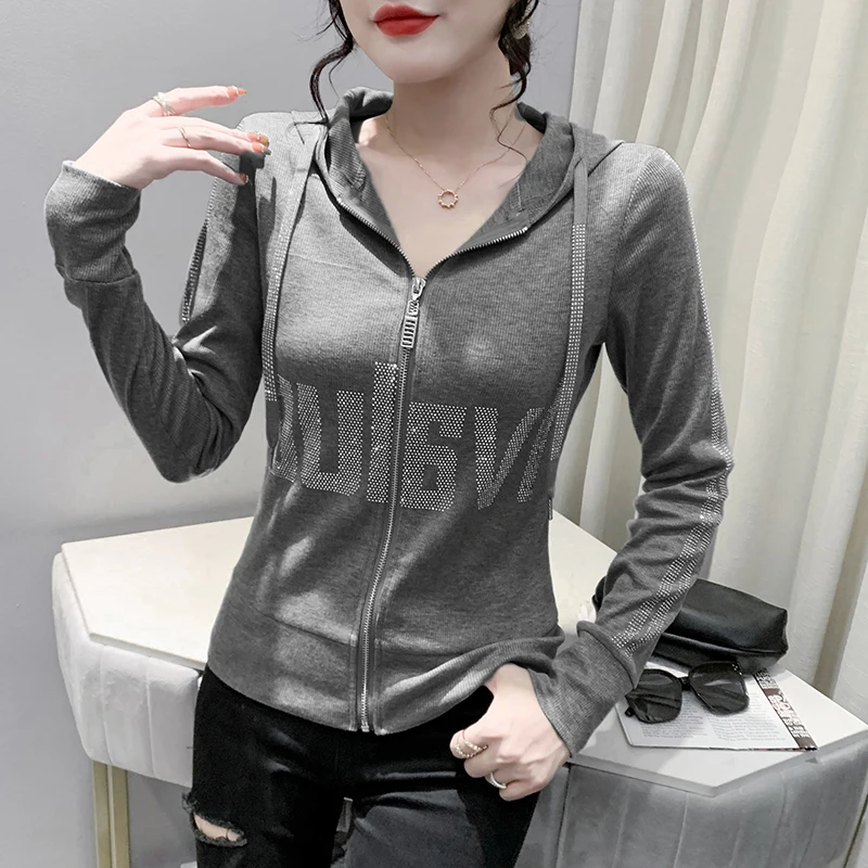 

European Clothes Women Hooded Zipper Hot Diamond Slim Top Casual Long Sleeve T-shirt Autumn Winter