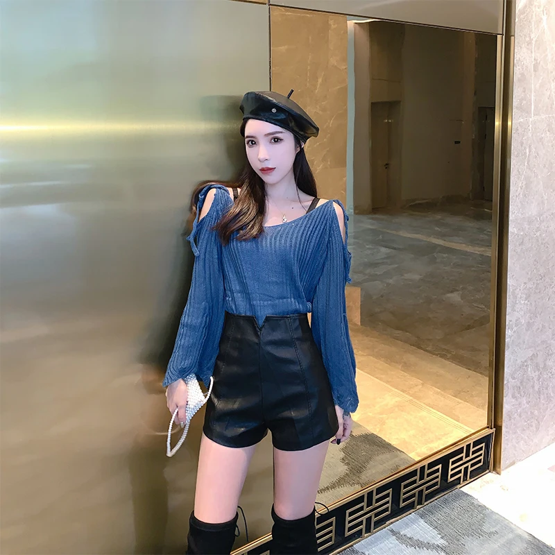 Heard Future Pants Clothing 2023 spring new Korean version of PU leather shorts A word outer wear women's soft leather pants hig