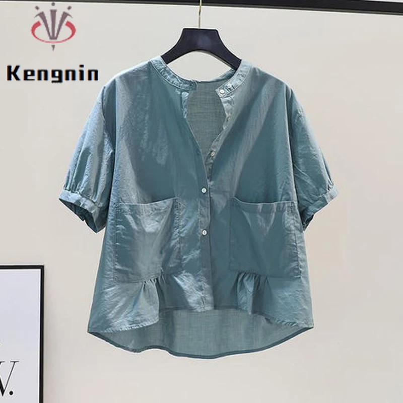

2022 Summer New Women's Shirts Cotton Loose Casual Ladies Designer Blouse Double Pockets Short Sleeve Female Tops Clothes KN458