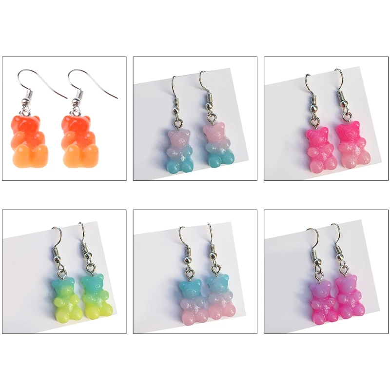 

1 Pair Fashion Lovely Candy Color Cartoon Gummy Bear Resin Dangle Drop Earrings Little Animal Charms Ear Danglers