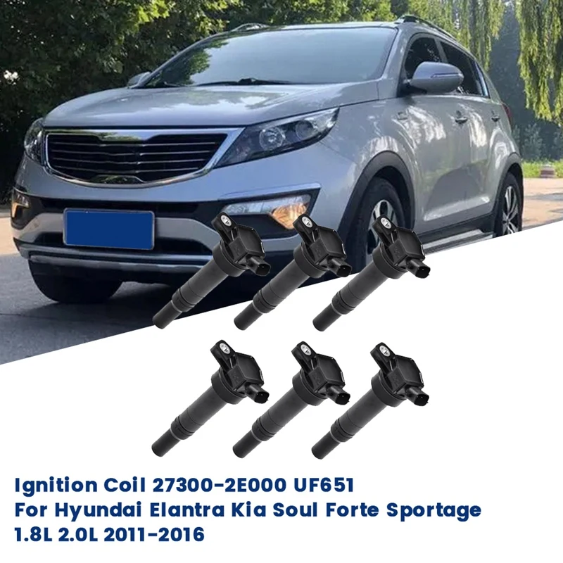 6 шт. катушка зажигания автомобиля 27300-2E000 UF651 для Hyundai Elantra Kia Soul Forte 1.8L 2.0L 2011-2016 273002E000