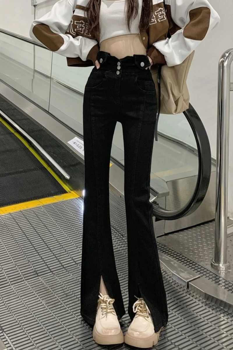 

Новые женские джинсы большого размера с завышенной талией, женские облегающие и стройнящие черные микро-расклешенные брюки для весны и осе...