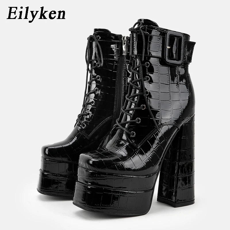 

Eilyken/пикантные женские ботильоны на молнии из лакированной кожи в готическом стиле; Обувь для ночного клуба на Высоком толстом каблуке 14 см