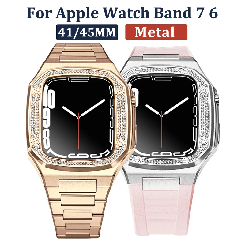 

Ремешок для часов Apple Watch 7 6, металлический браслет из нержавеющей стали 45 мм 41 мм для iWatch 44 мм, со стразами, набор резиновых ремешков, модифика...