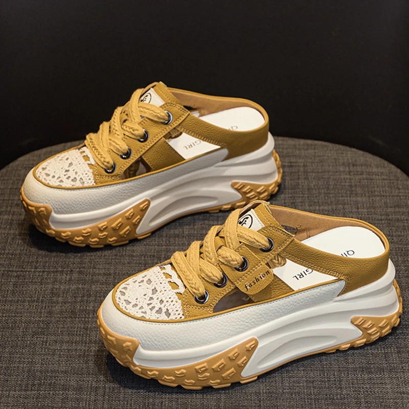 7cm Lace Genuine Leather Slides Hollow Ladies Summer Slippers Breathable Ankle Boots Women Platform Sandals Wedge Woman Shoes