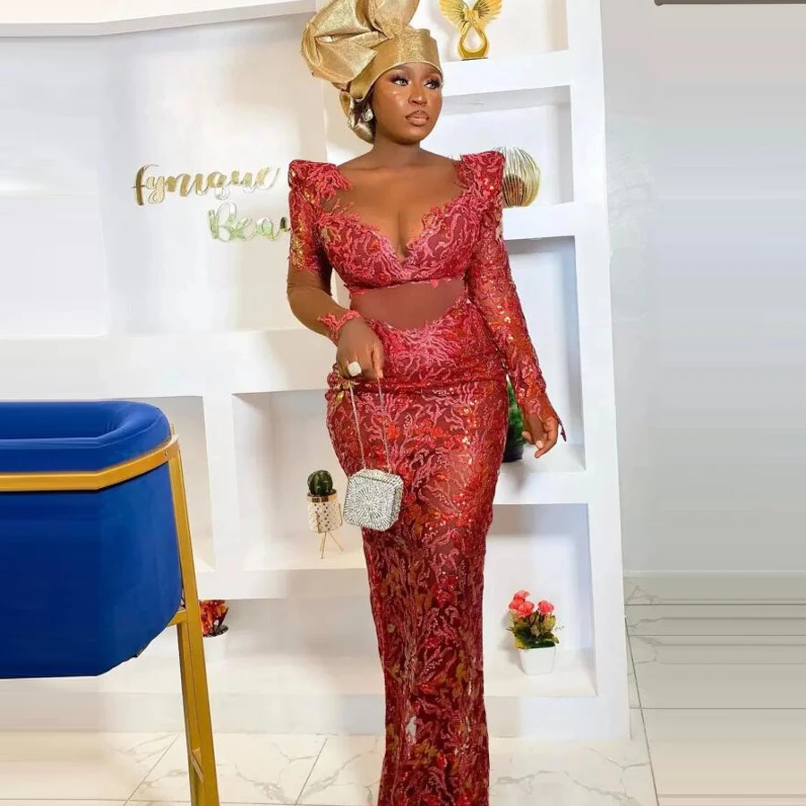 

Aso Ebi Evening Dresses With Sheer Neck See Through Prom Dress Long Sleeves Lace Appliques Beads African Women Party Gowns