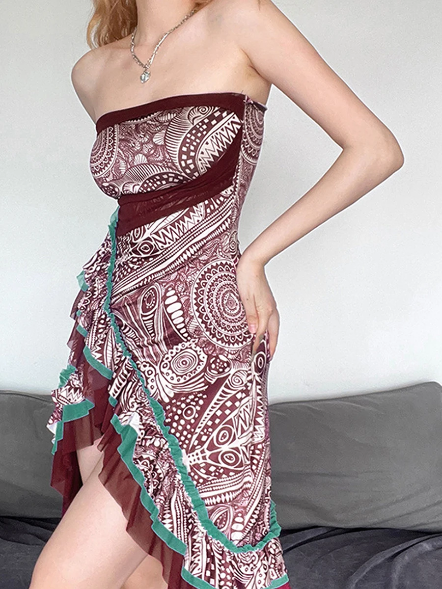 

New Fashion Women Vintage Print Tube Dress Irregular Ruffles Boat Neck Strapless Bodycon Dress Summer Backless Party Midi Dress