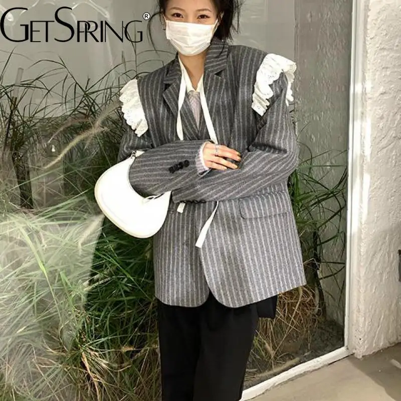 

GetSpring Women Blazer Striped Lace Stitched Single Button Ladies Suit Coat Loose Leisure Long Female Suit Jacket Autumn Top New