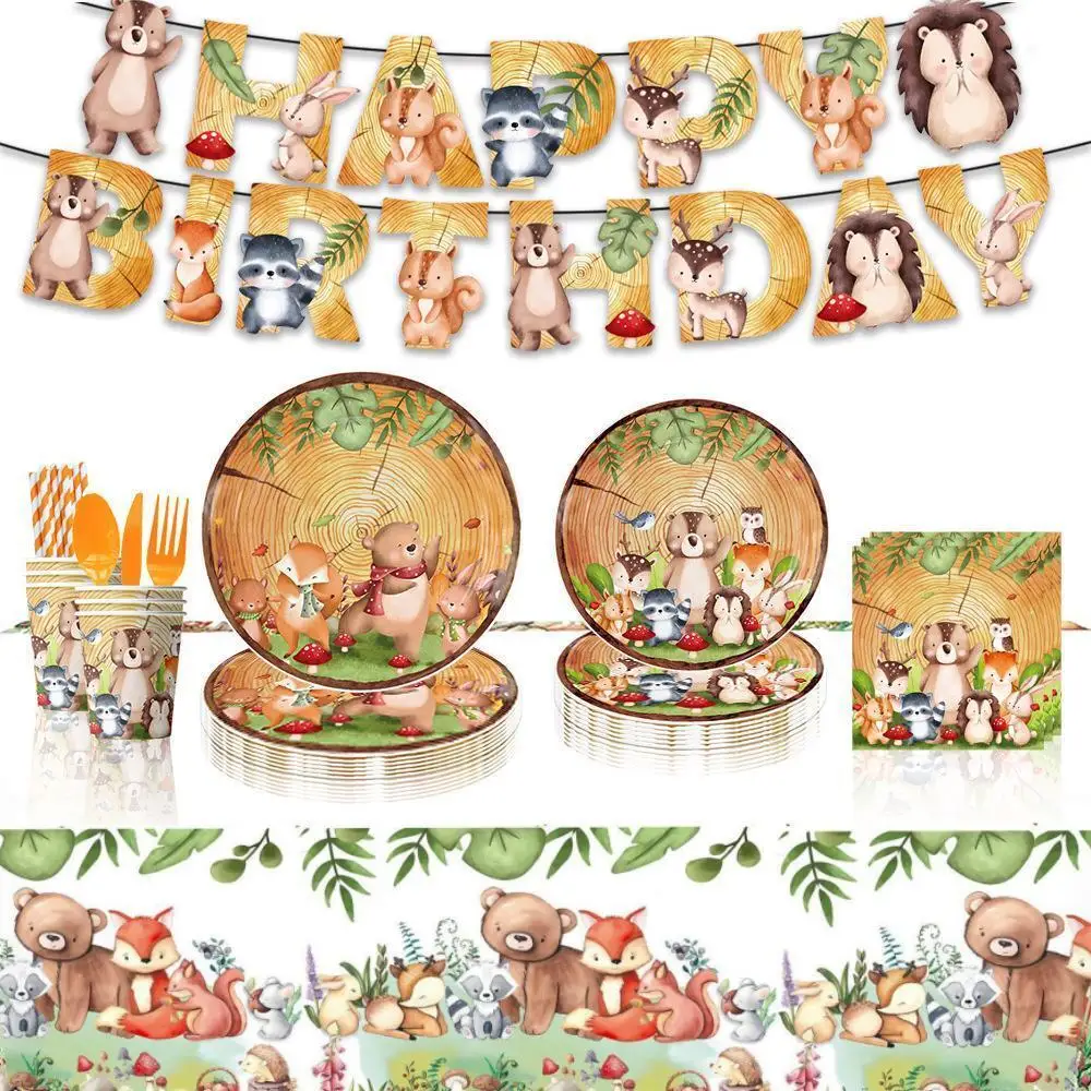 

Woodland Party Supplies for Kids, Safari Jungle Animal Balloons, Paper Plates, Cups, Napkins, Baby Shower, Birthday Decoration