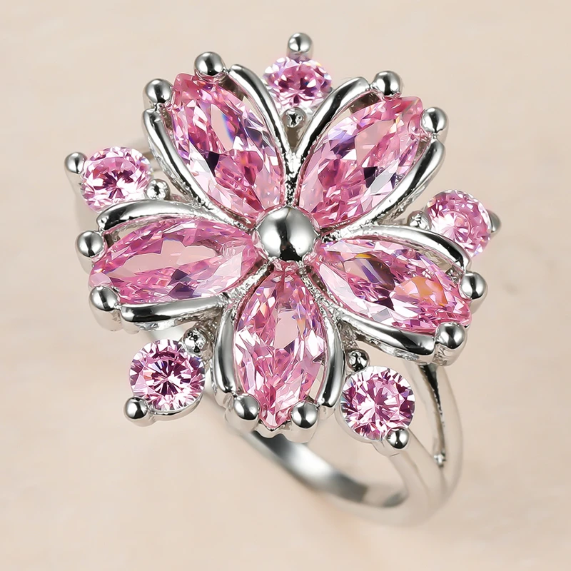 

Exquisite Shiny Flower Shaped Crystal Ring with Dazzling AAA Cubic Zircon Rhinestone for Women Party Wedding Jewelry